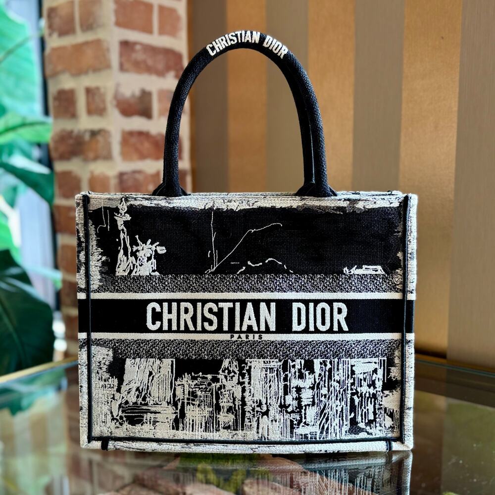 DIOR Canvas Embroidered Medium New York Book Tote Black White